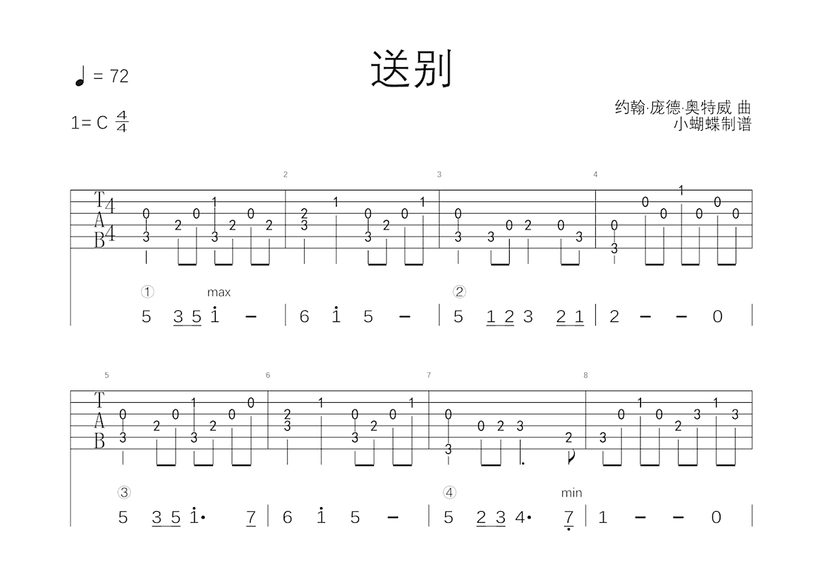 送别吉他谱_约翰·庞德·奥特威_C调指弹