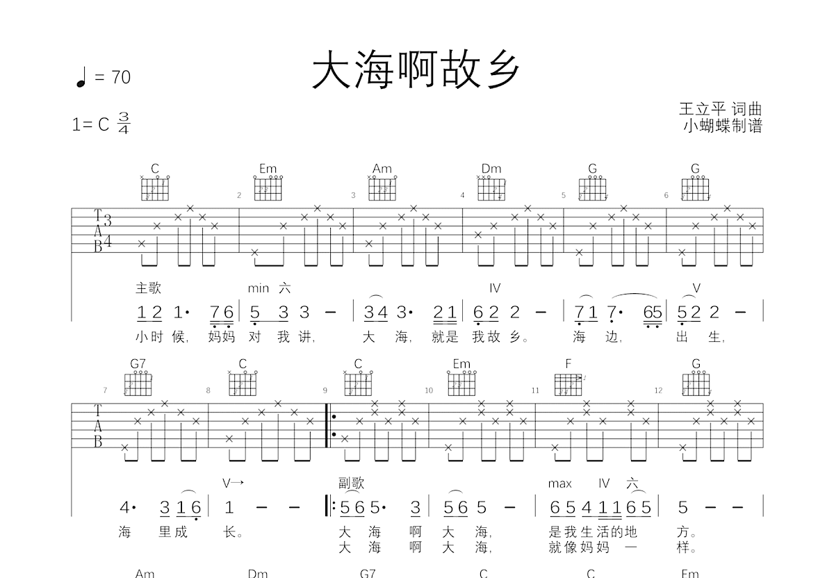 大海啊故乡吉他谱_朱明瑛_C调弹唱