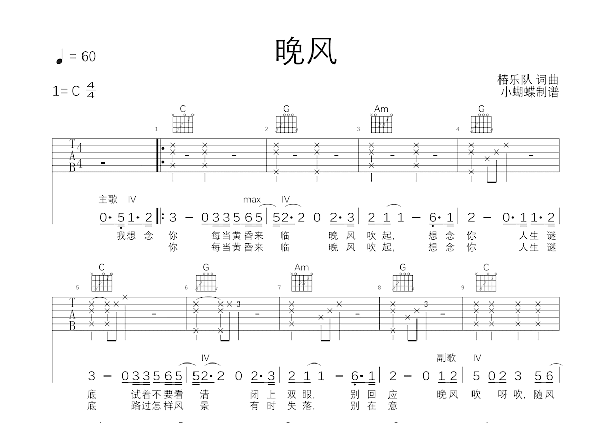 晚风吉他谱预览图