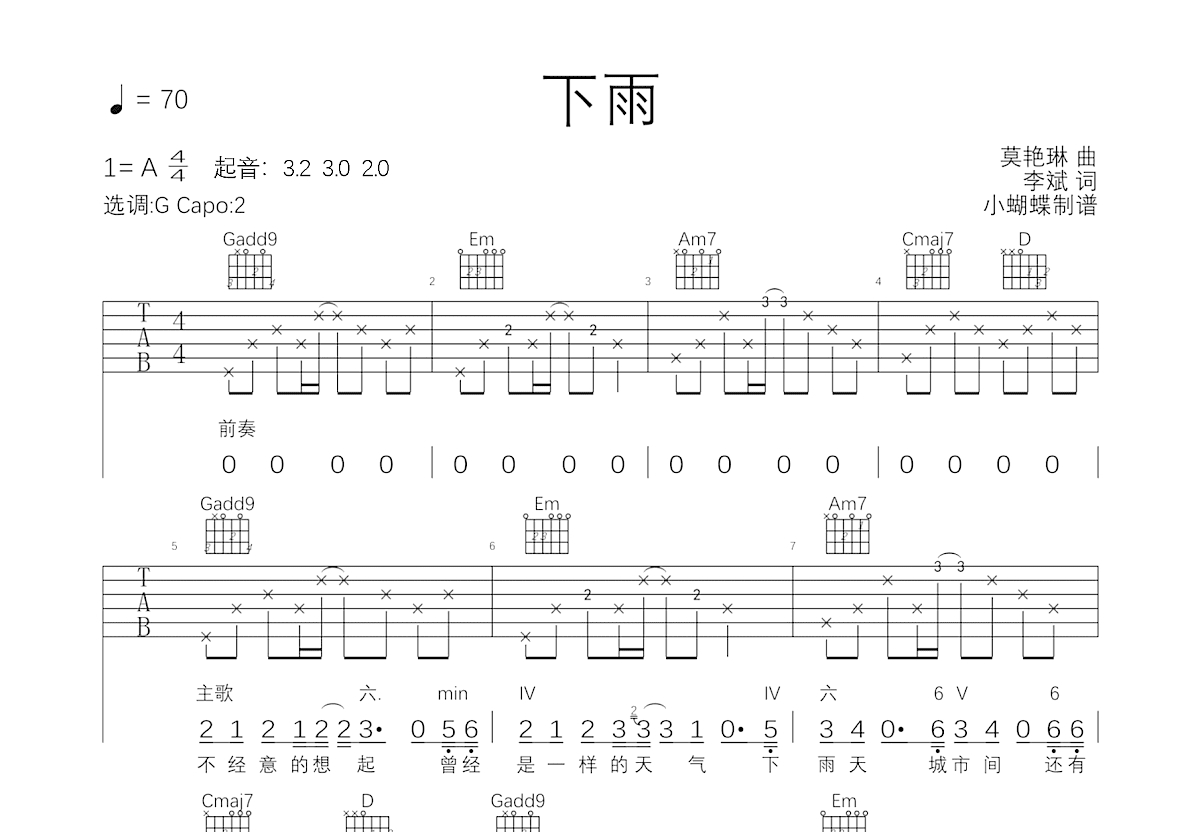 下雨吉他谱_李宇春_G调弹唱