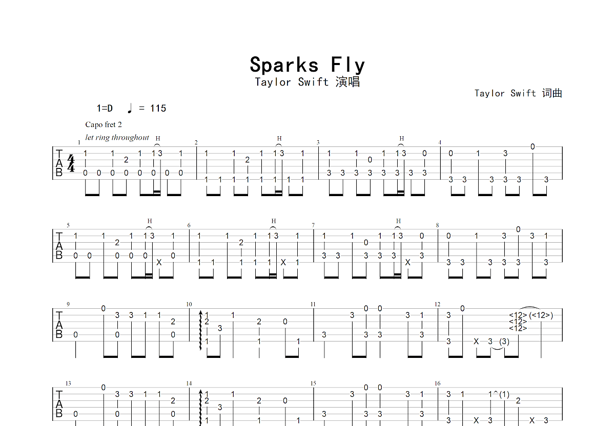 Sparks Fly吉他谱预览图