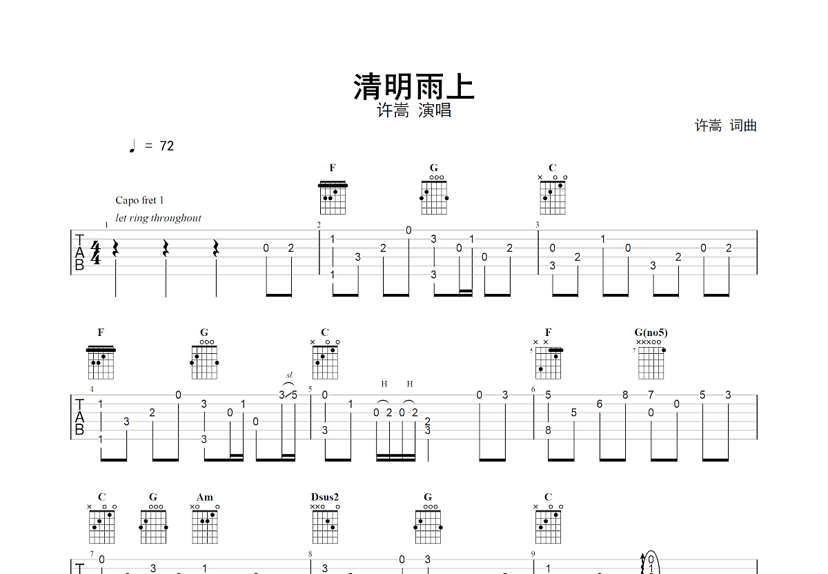 清明雨上吉他谱预览图