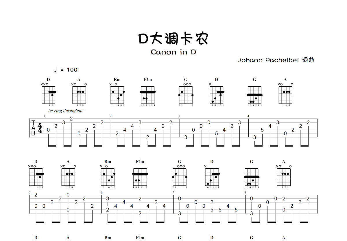 D大调卡农吉他谱预览图