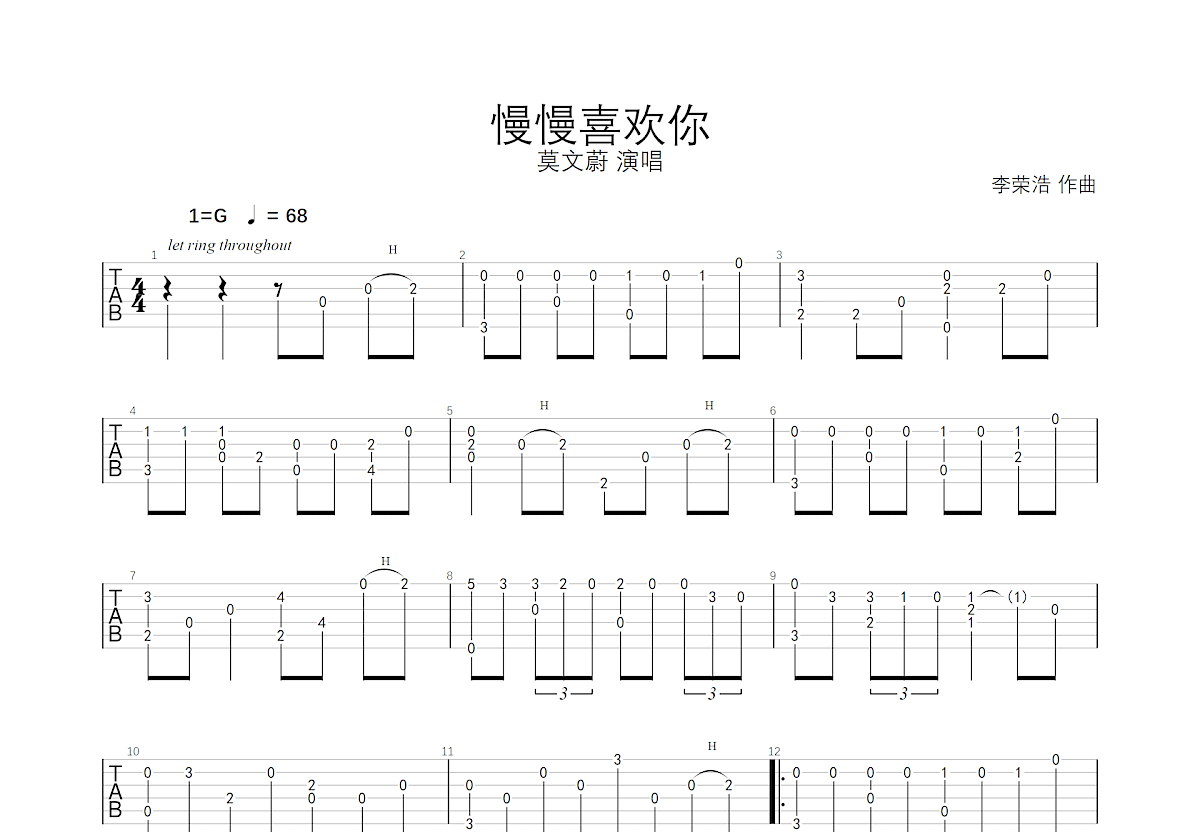 慢慢喜欢你吉他谱预览图