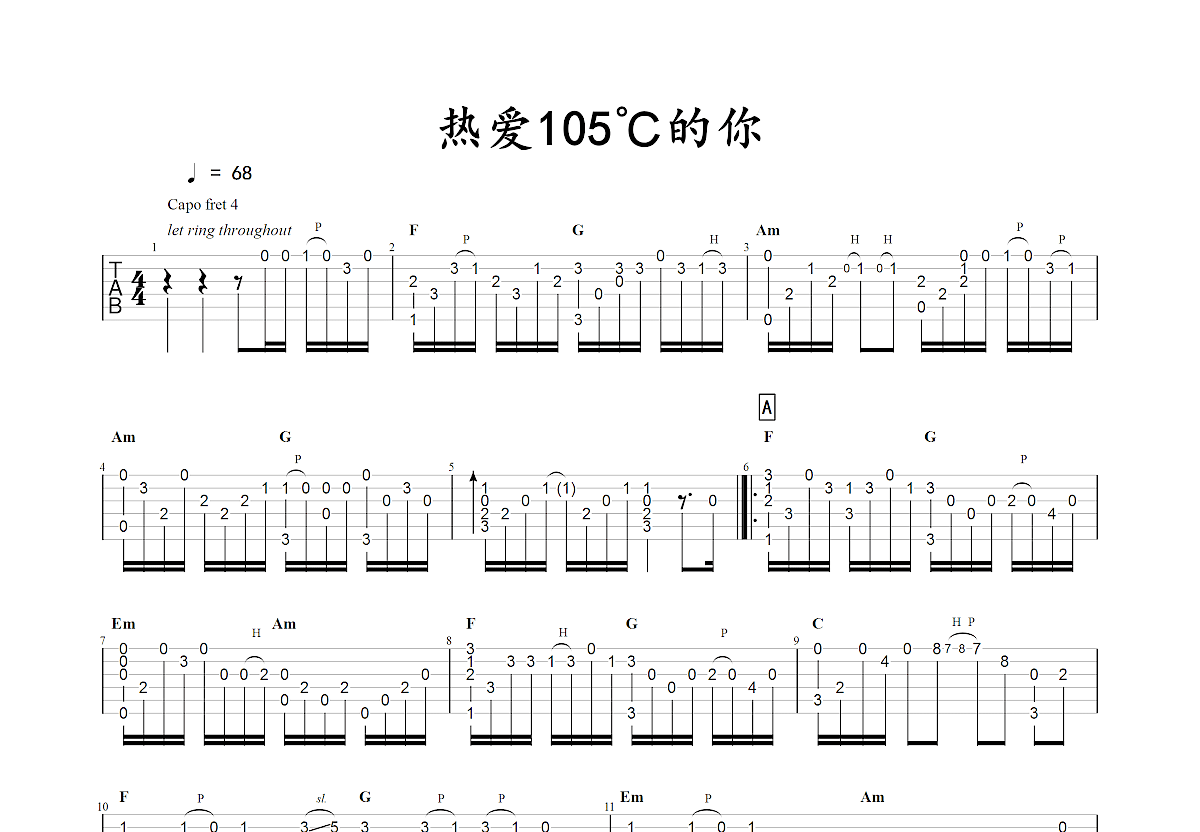 热爱105℃的你吉他谱预览图