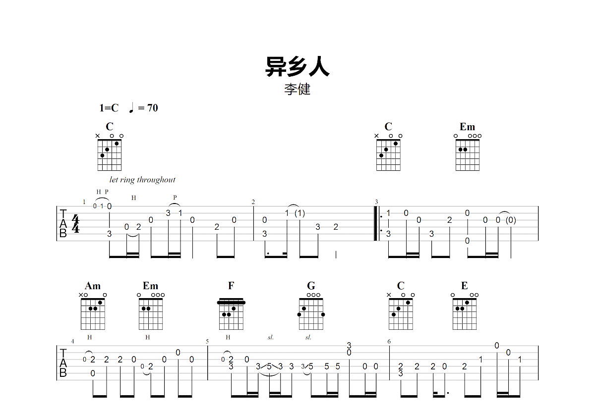 异乡人吉他谱预览图