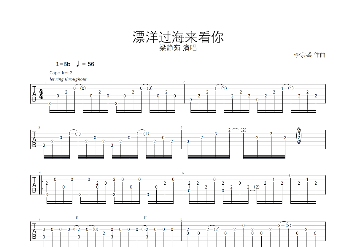 漂洋过海来看你吉他谱预览图