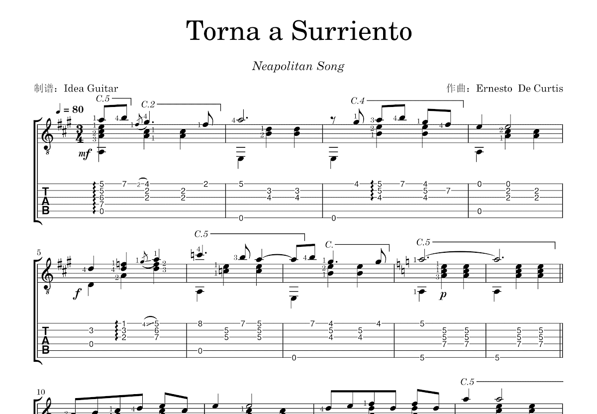 Torna a Surriento吉他谱预览图