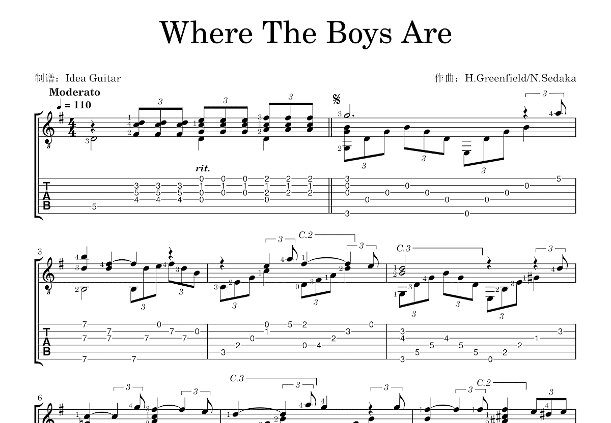 Where The Boys Are吉他谱预览图
