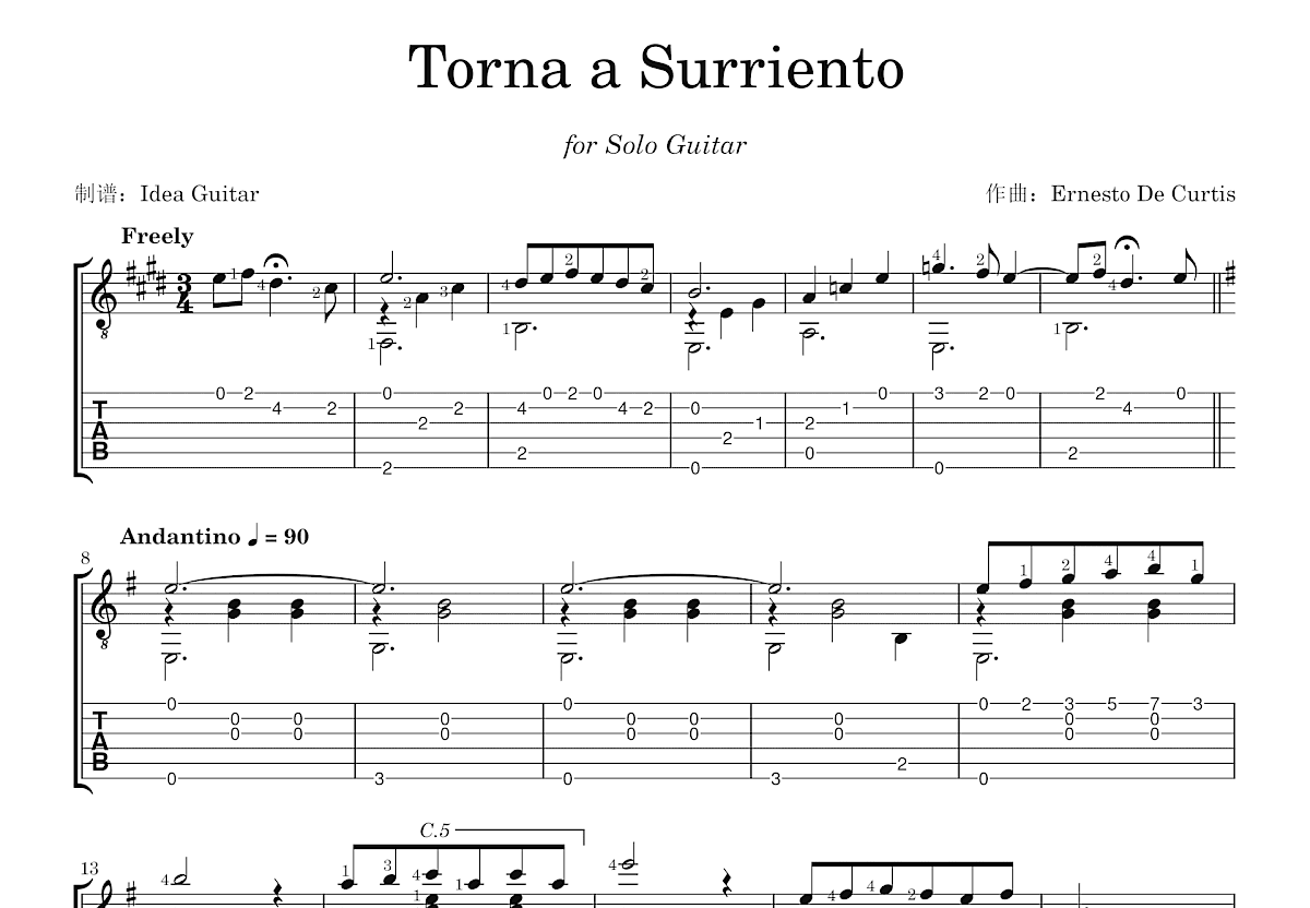 Torna a Surriento吉他谱预览图