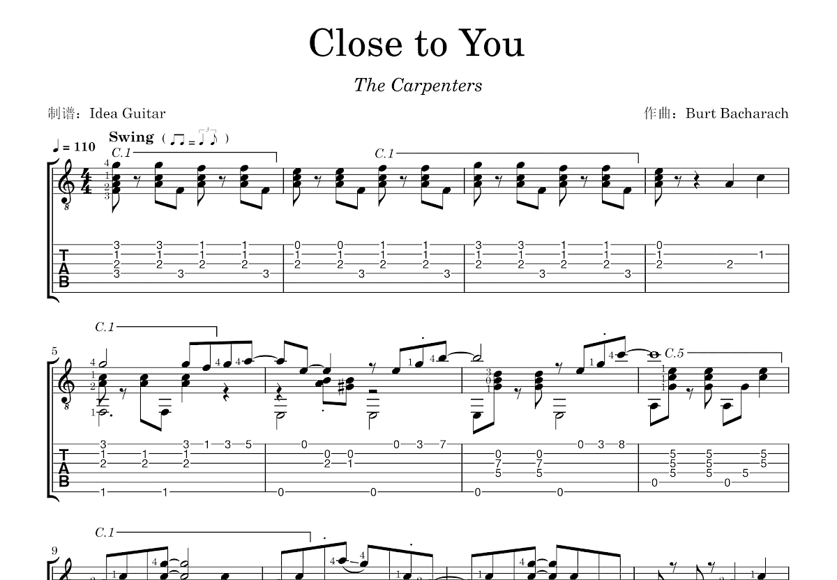 Close to You吉他谱预览图