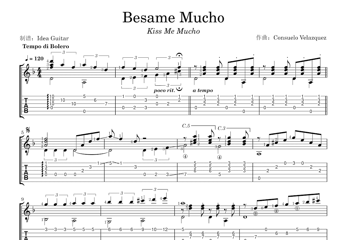 Besame Mucho吉他谱预览图