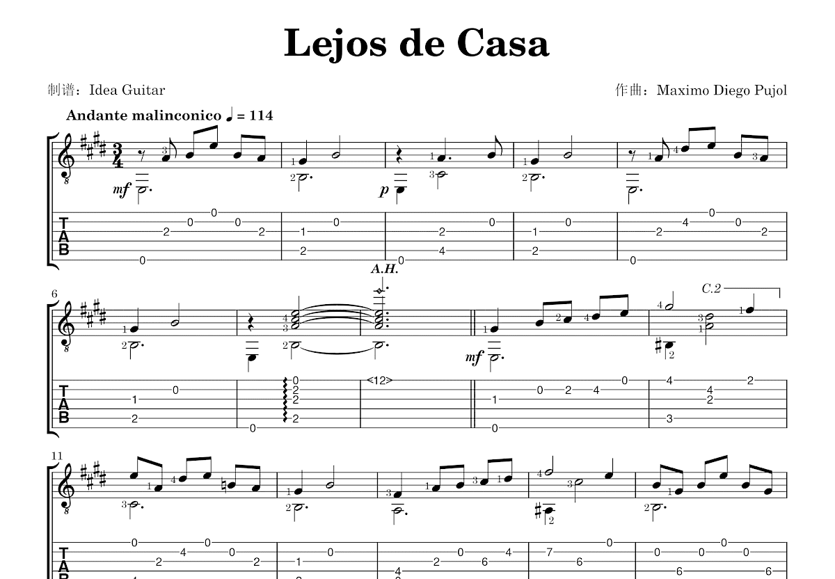 Lejos de Casa吉他谱预览图