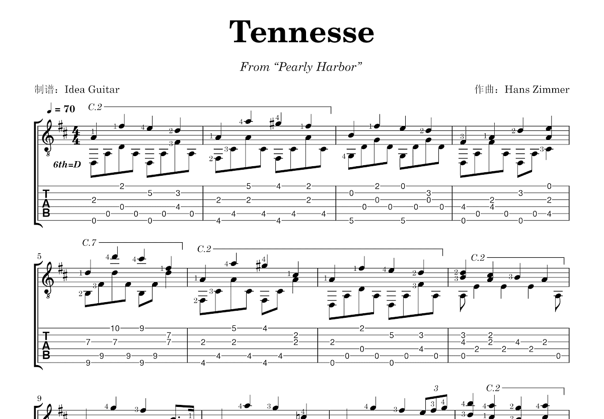 Tennesse吉他谱_Hans Zimmer_D调古典