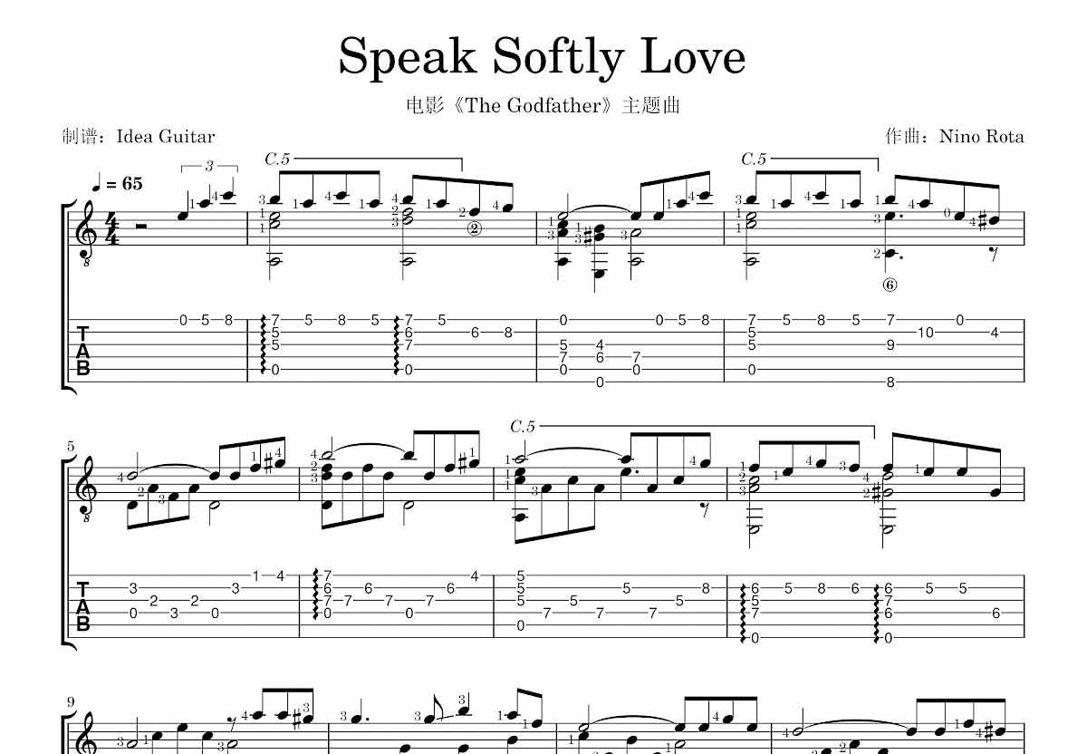 Speak Softly Love吉他谱预览图