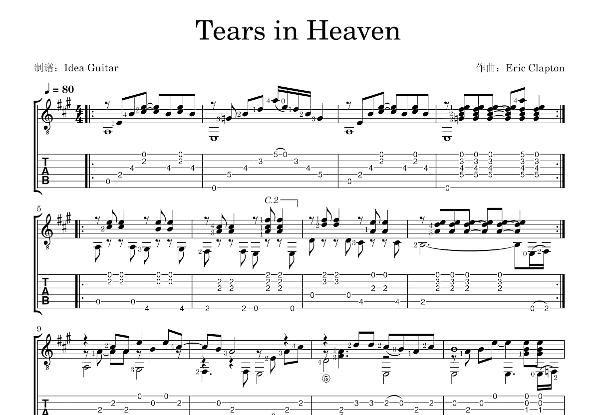 Tears in Heaven吉他谱预览图