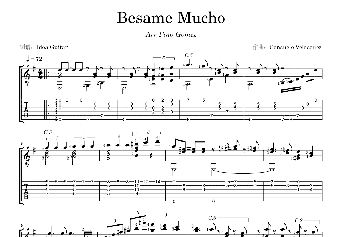 Besame Mucho吉他谱预览图