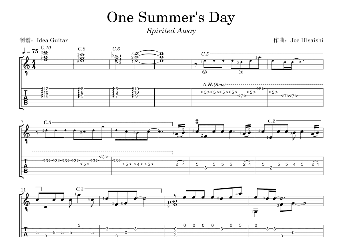 One Summer's Day吉他谱预览图