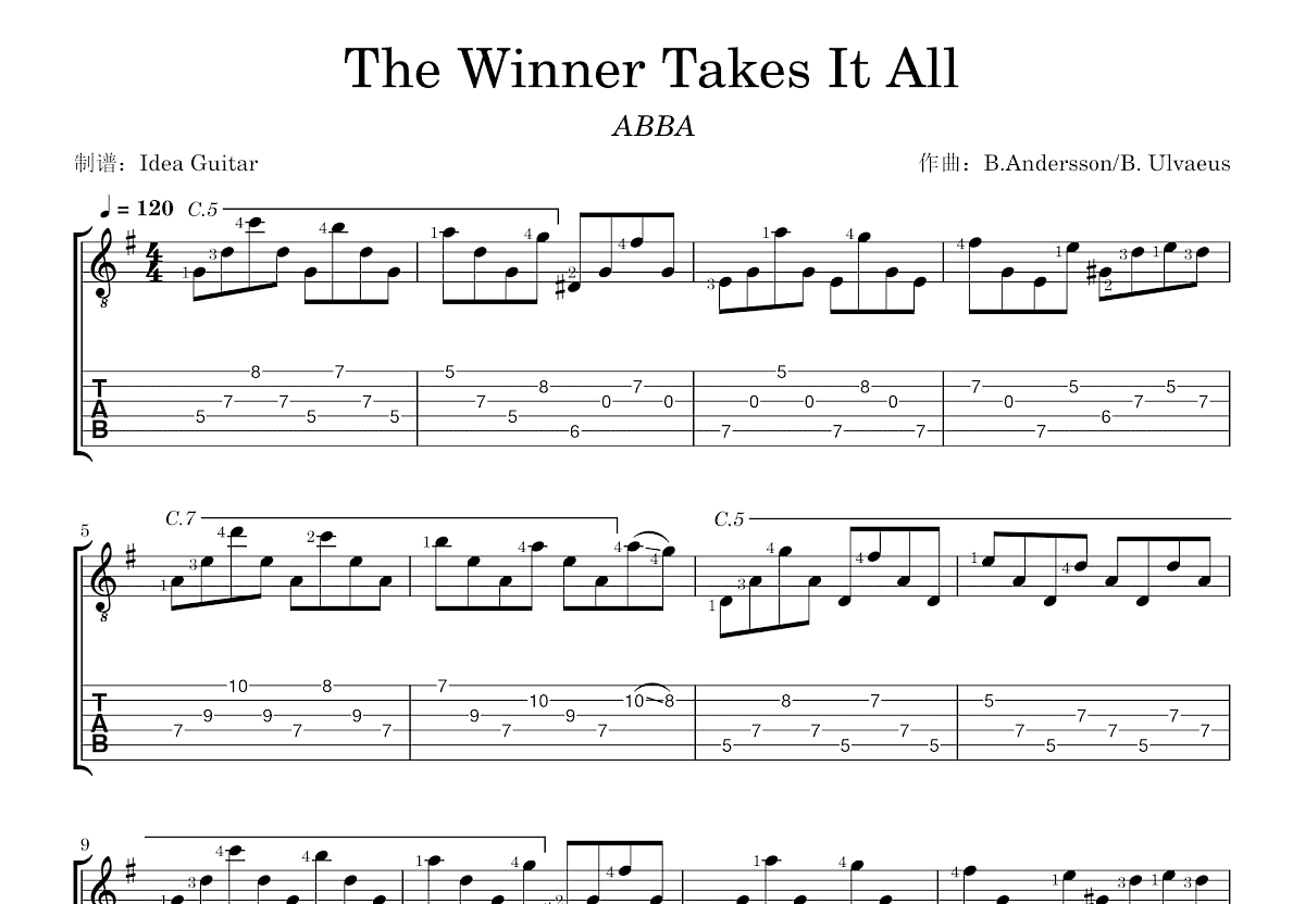 The Winner Takes It All吉他谱预览图