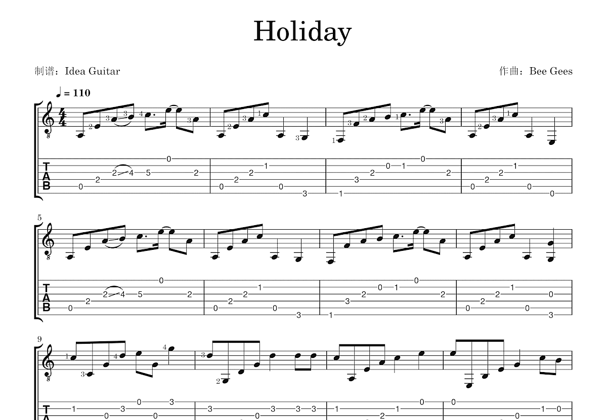 Holiday吉他谱_Bee Gees_C调指弹