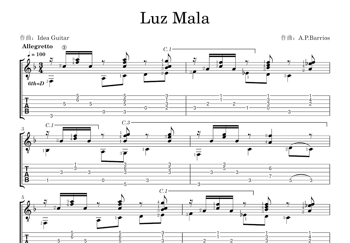 Luz Mala吉他谱_A.P.Barrios_F调古典