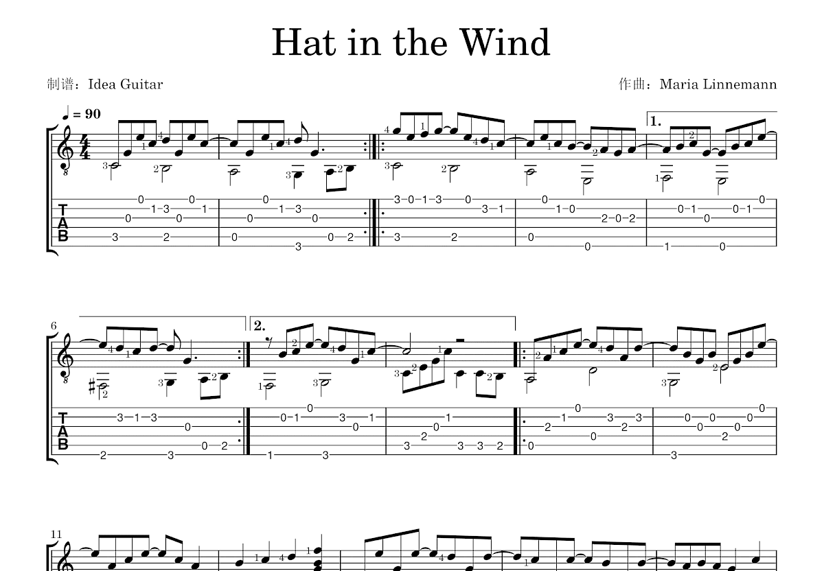 Hat in the Wind吉他谱预览图