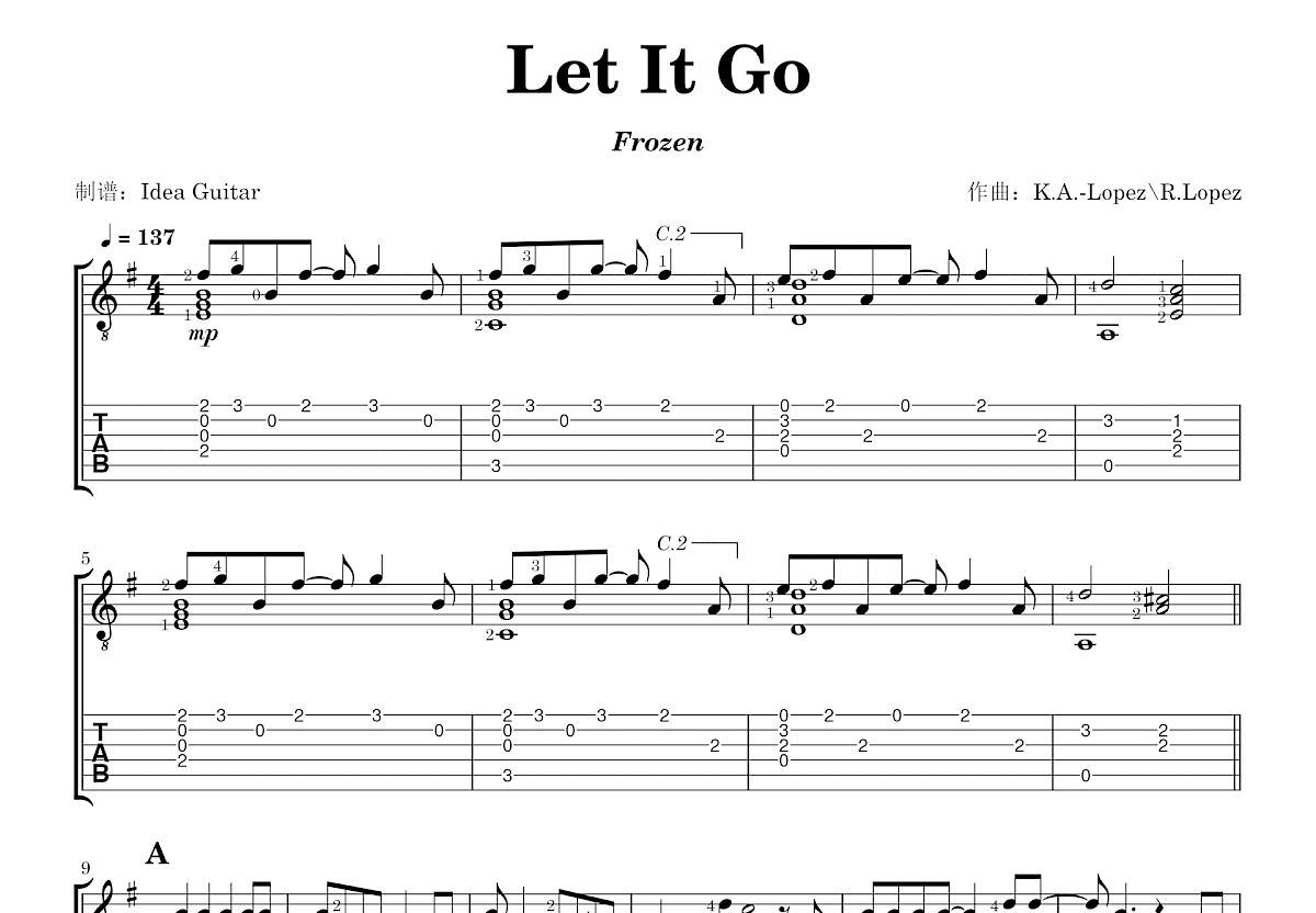 Let It Go吉他谱预览图
