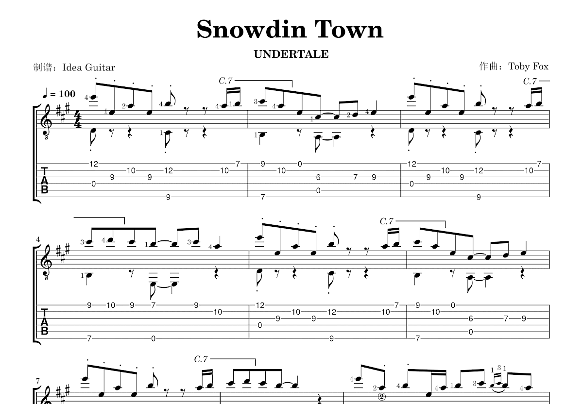Snowdin Town吉他谱_Toby Fo_A调指弹