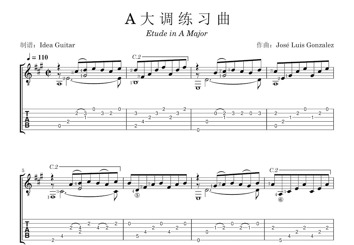 A大调练习曲吉他谱预览图