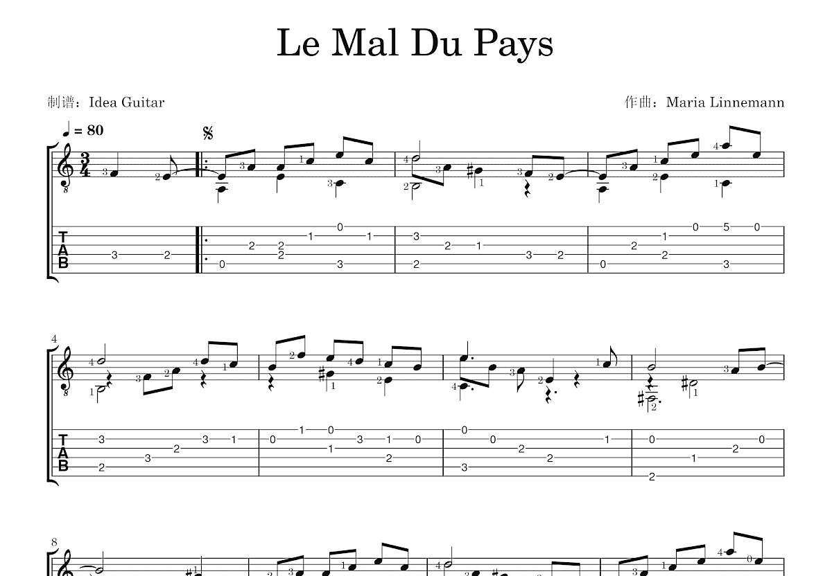 Le mal du pays吉他谱预览图