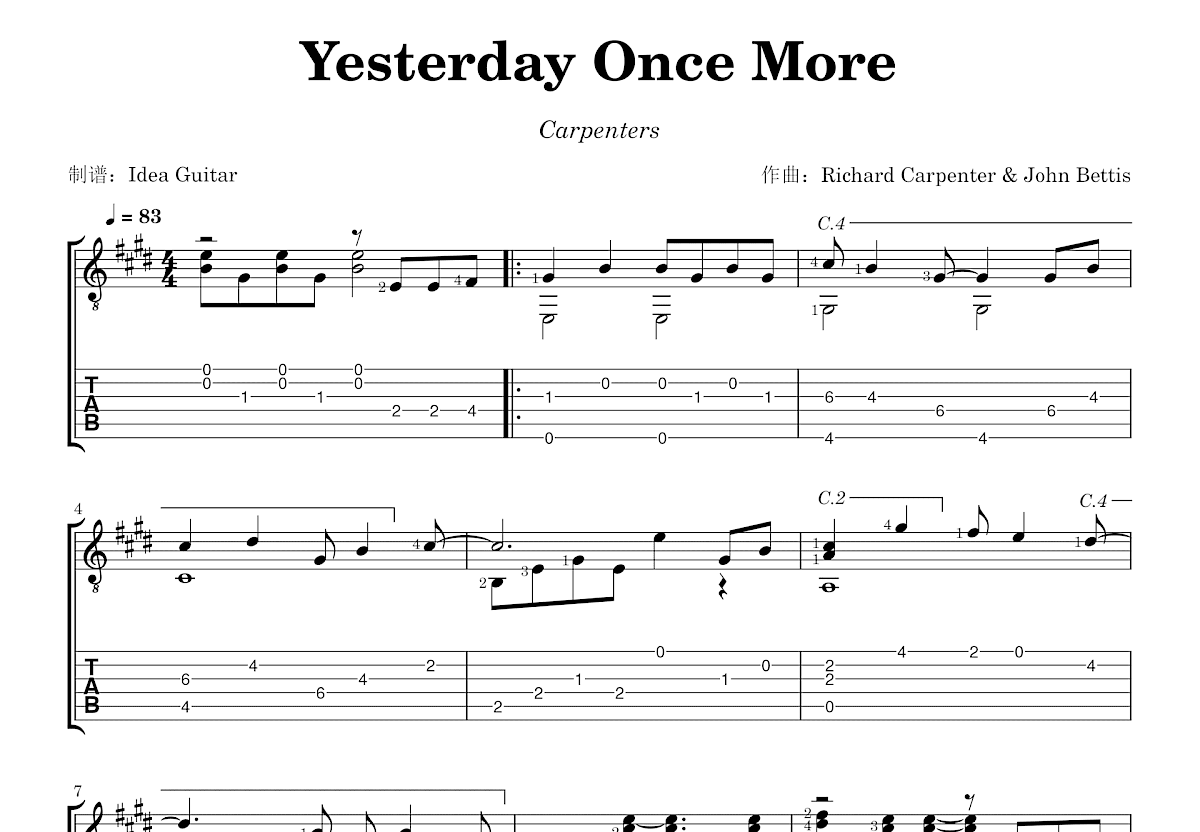 Yesterday Once More吉他谱_Richard Carpenter,John Bettis_E调指弹
