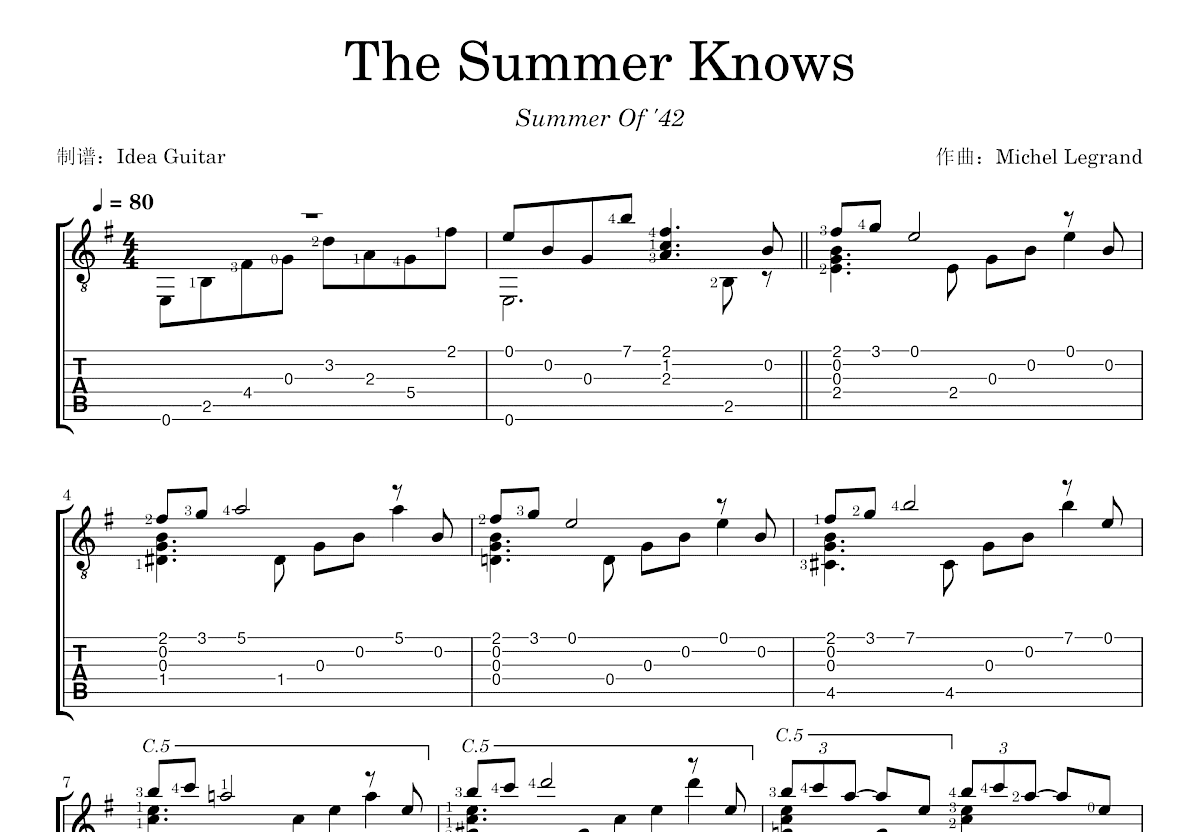 The Summer Knows吉他谱预览图