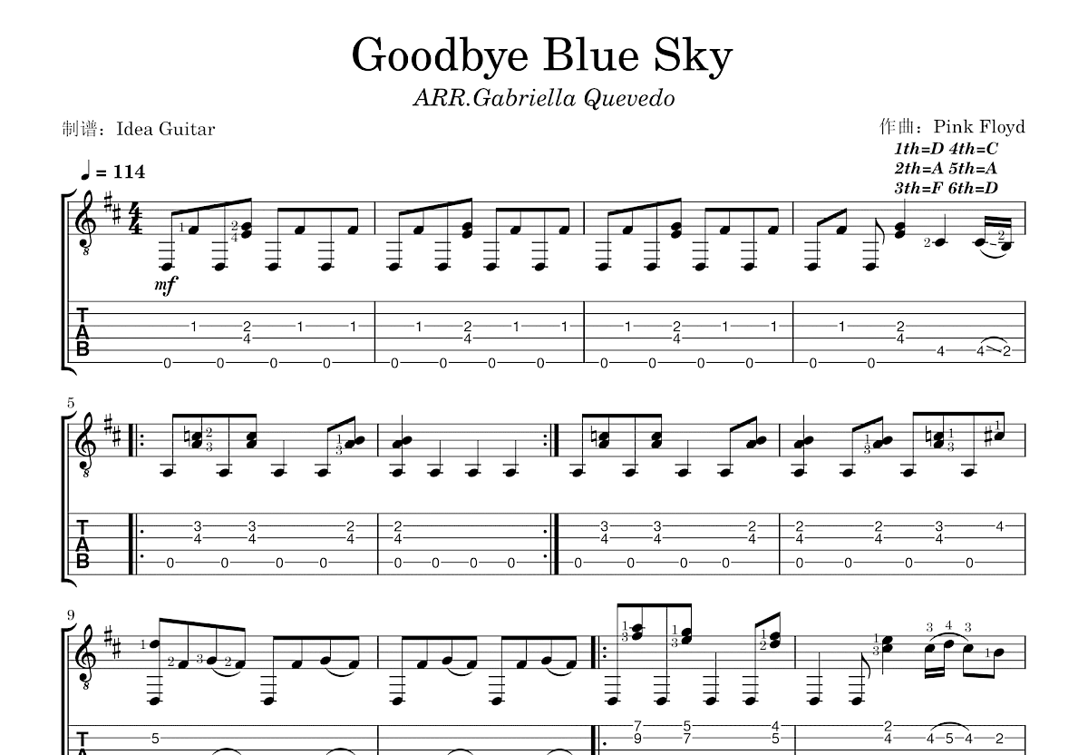 Goodbye Blue Sky吉他谱预览图