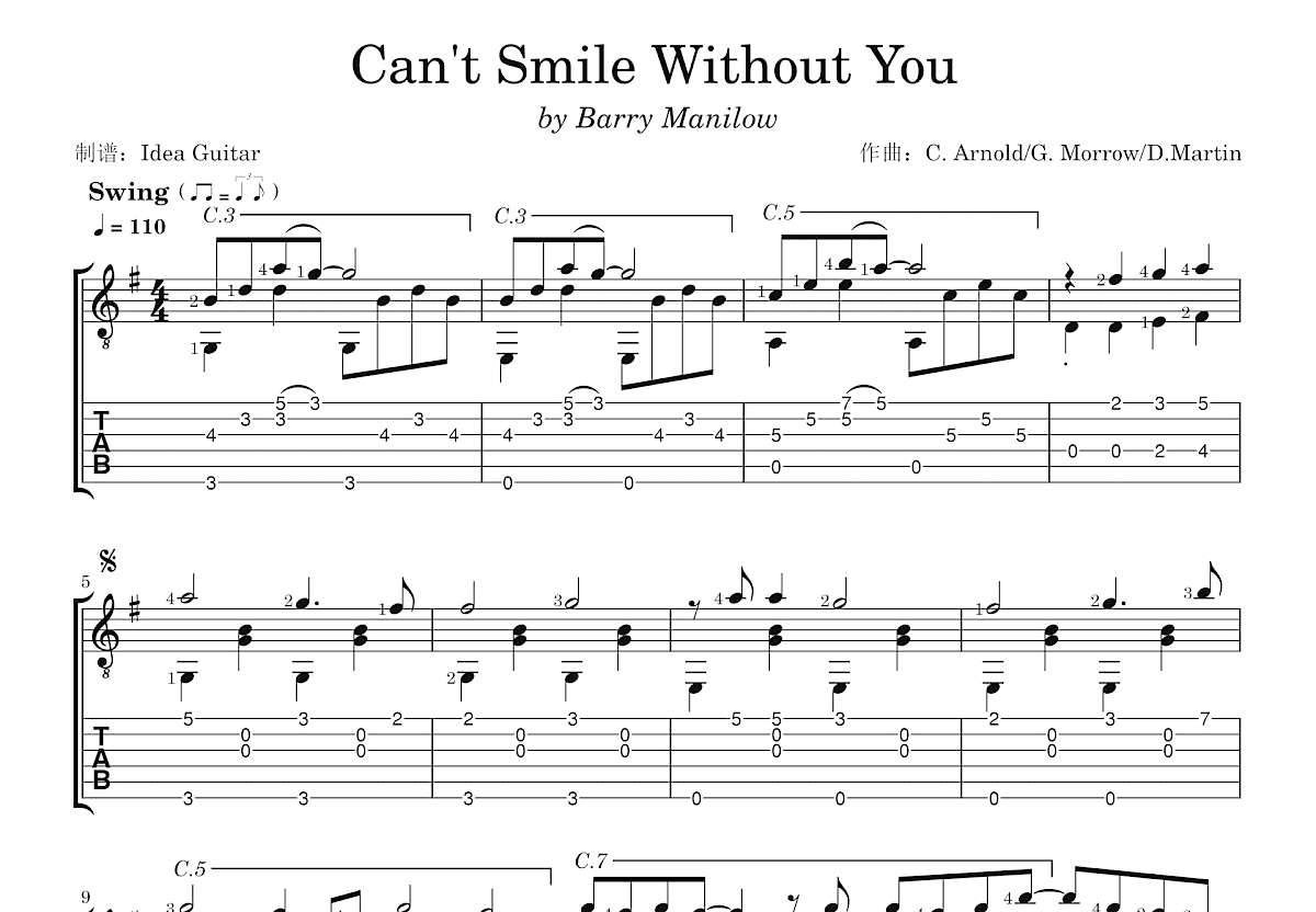 Can't Smile Without You吉他谱_Christian Arnold,David Martin,Geoff Morrow_G调指弹