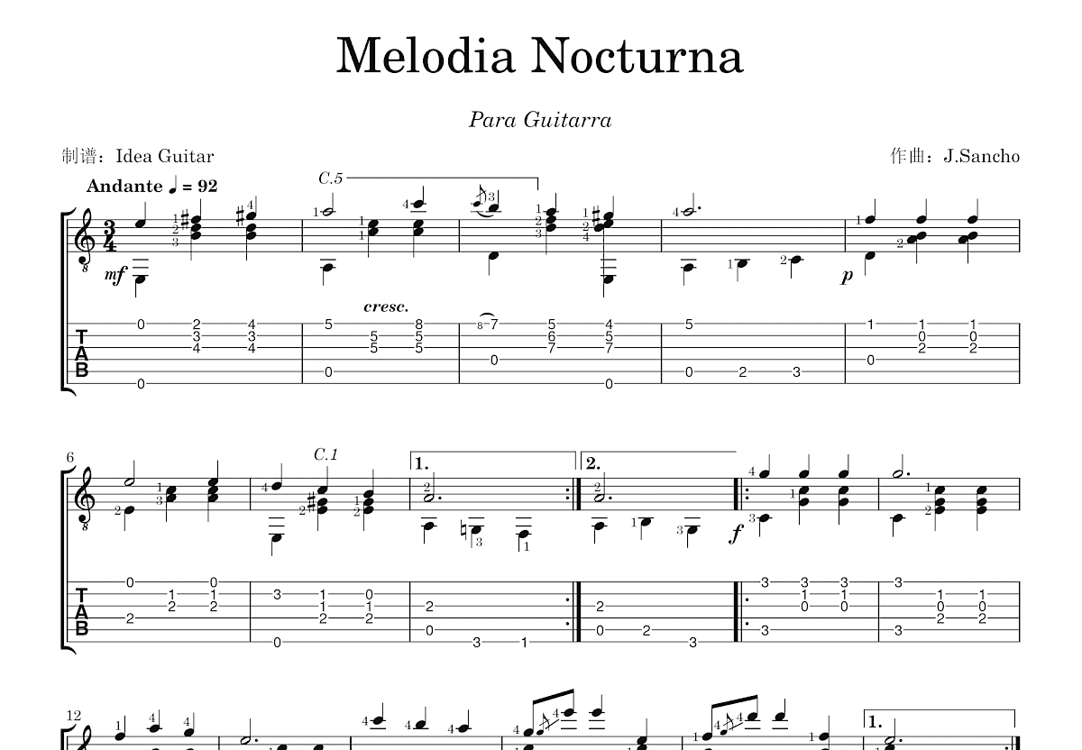 Melodia Nocturna吉他谱预览图