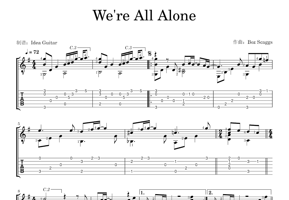 We're All Alone吉他谱预览图