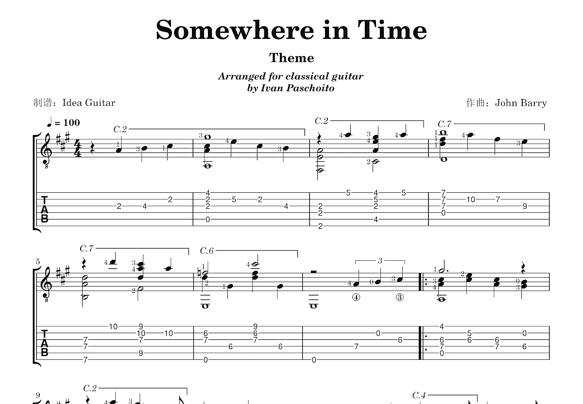 Somewhere in Time吉他谱_John Barry_A调指弹