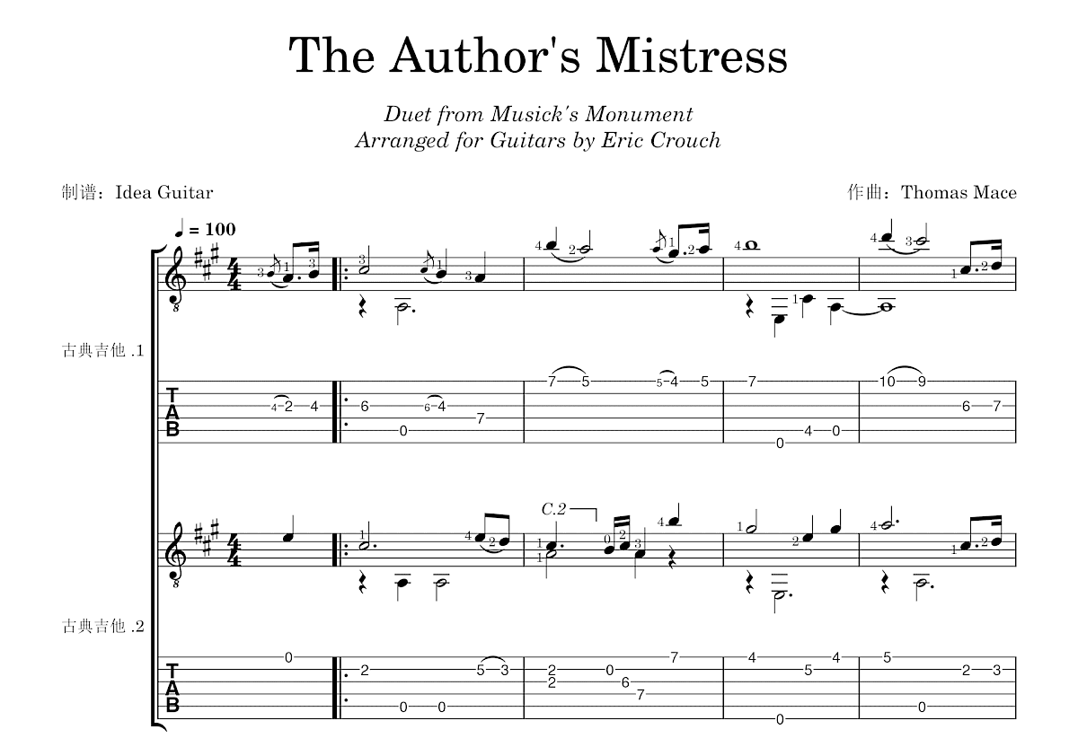 The Author's Mistress吉他谱_Thomas Mace_A调双吉他独奏