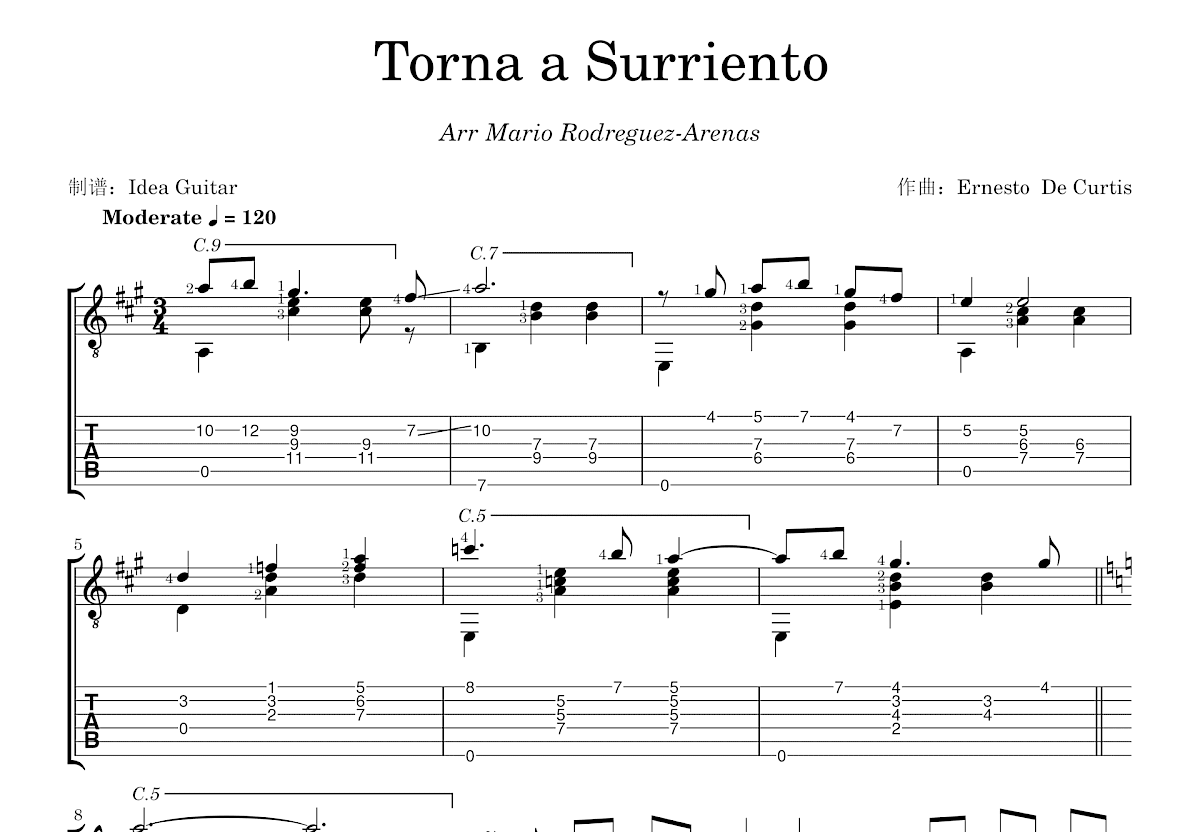 Torna a Surriento吉他谱预览图