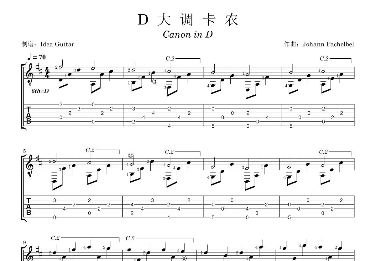 D大调卡农吉他谱预览图