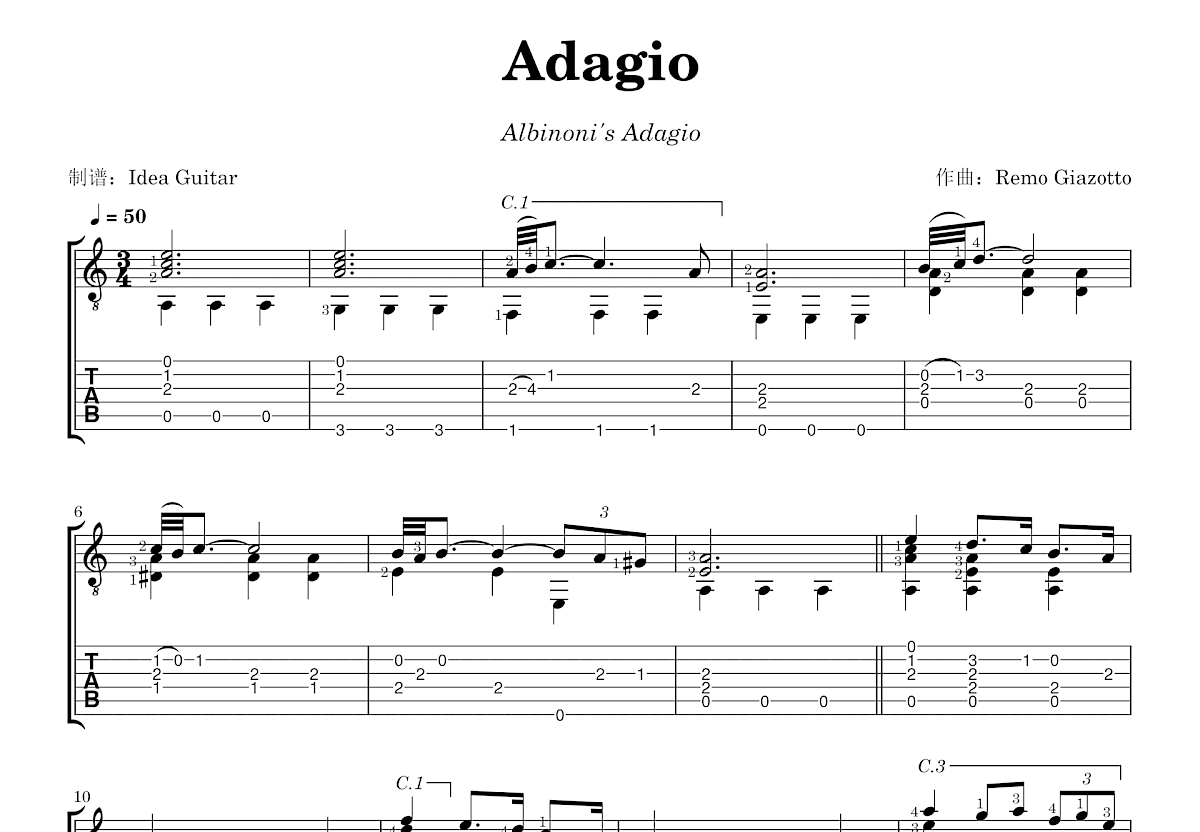 Adagio吉他谱_Remo Giazotto_C调古典