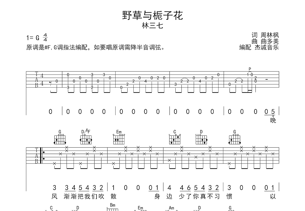 野草与栀子花吉他谱预览图