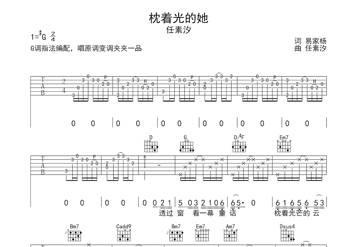 枕着光的她吉他谱预览图