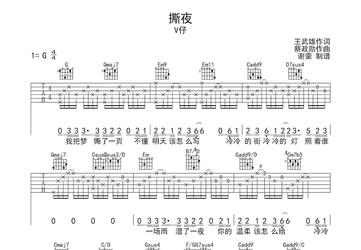 撕夜吉他谱预览图