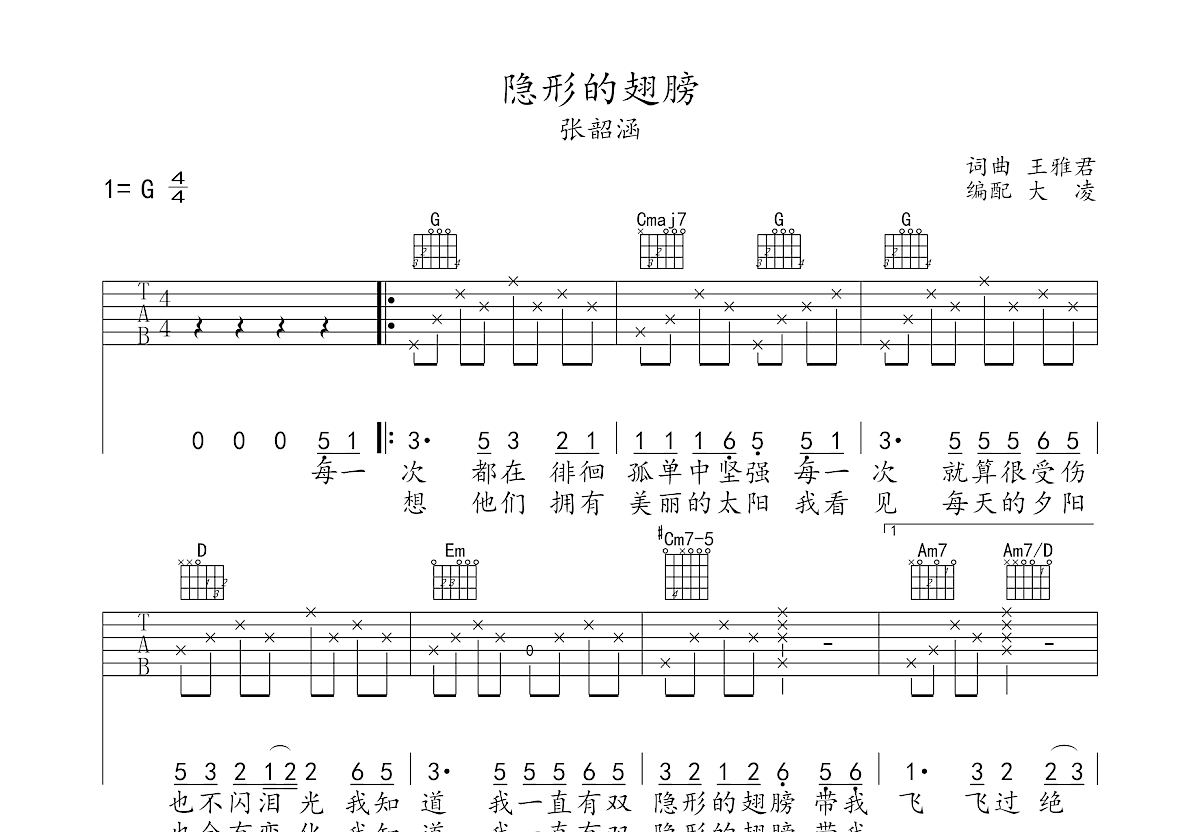 隐形的翅膀吉他谱预览图