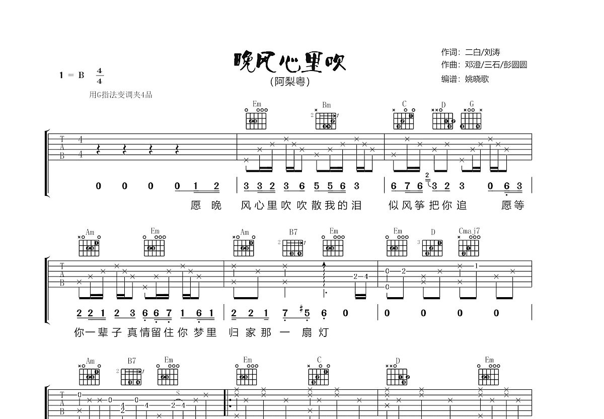 晚风心里吹吉他谱预览图