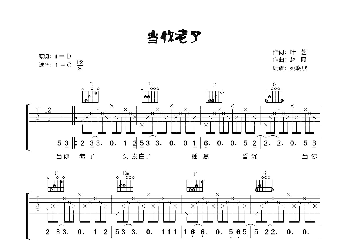 当你老了吉他谱预览图