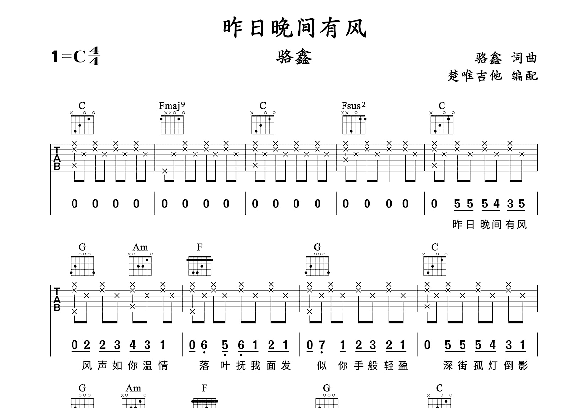 昨日晚间有风吉他谱_骆鑫_C调弹唱