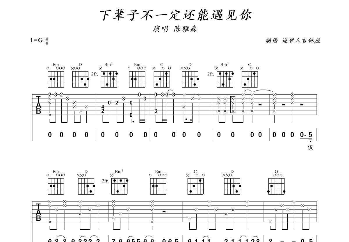下辈子不一定还能遇见你吉他谱预览图