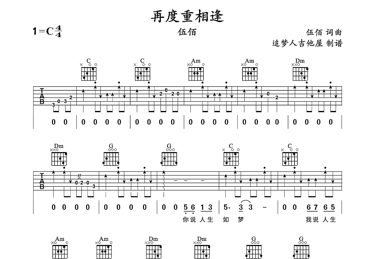 再度重相逢吉他谱预览图